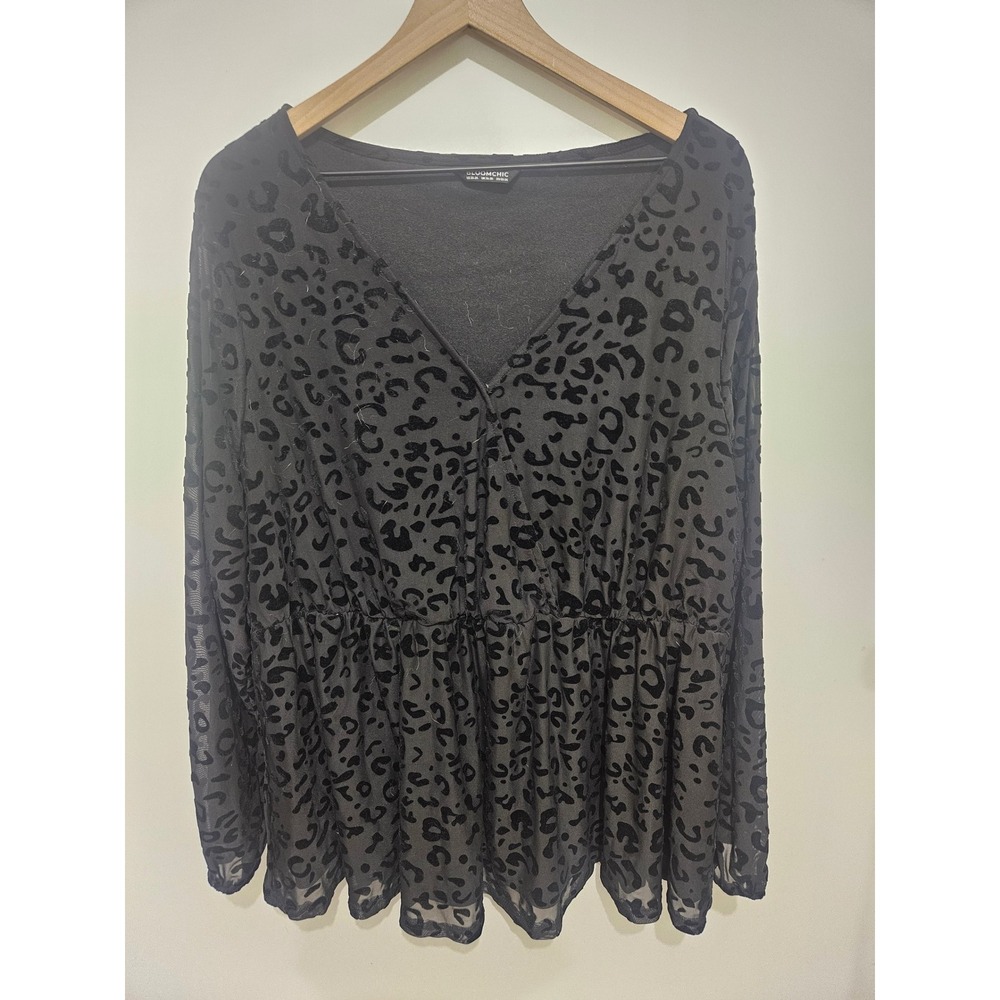 BloomChic Black Velvet Leopard Print Mesh Peplum Top Plus Size 22-24 V-Neck Long